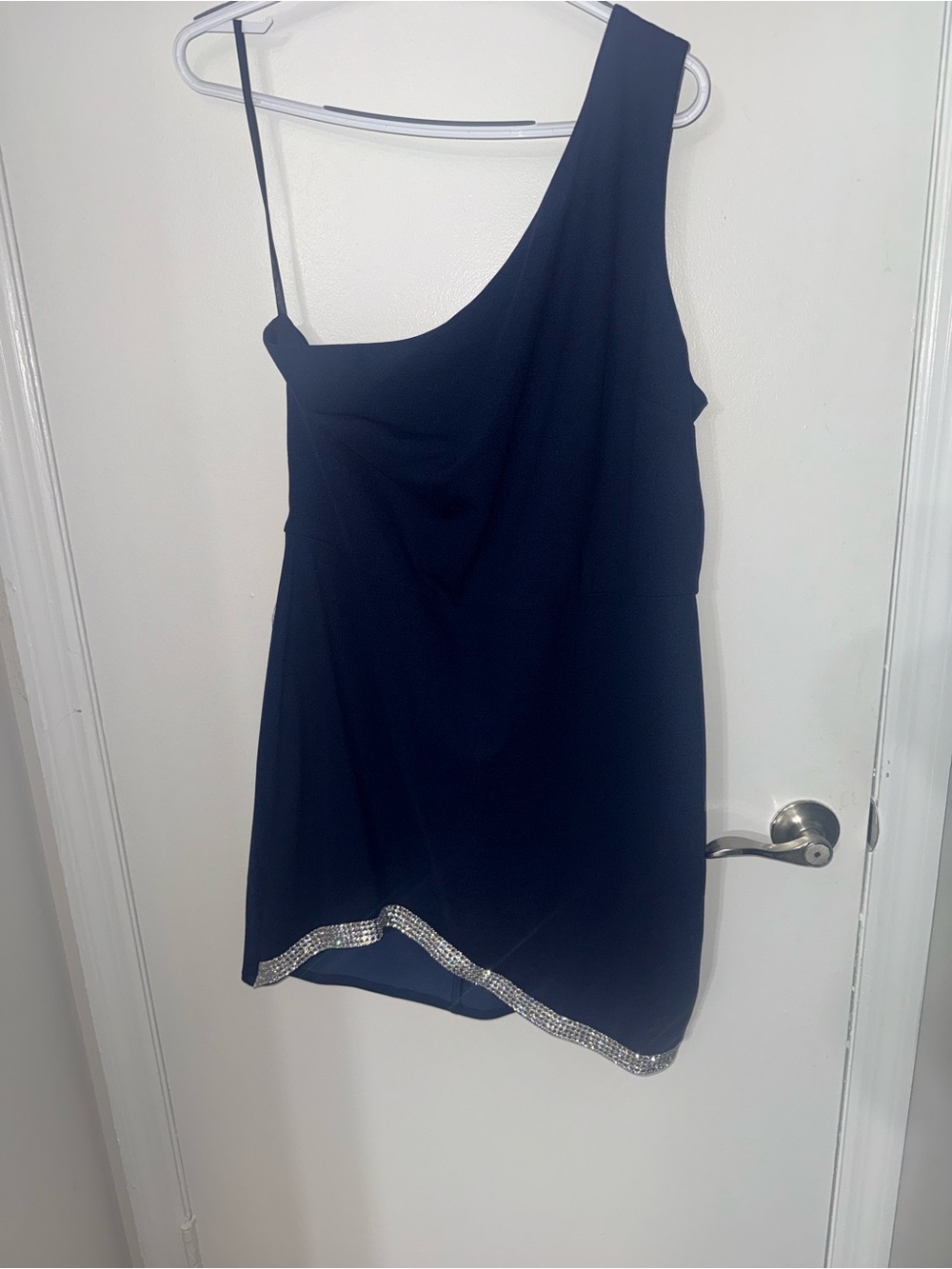 NWT B Darlin Navy One-Shoulder Rhinestone Hem Cocktail Dress